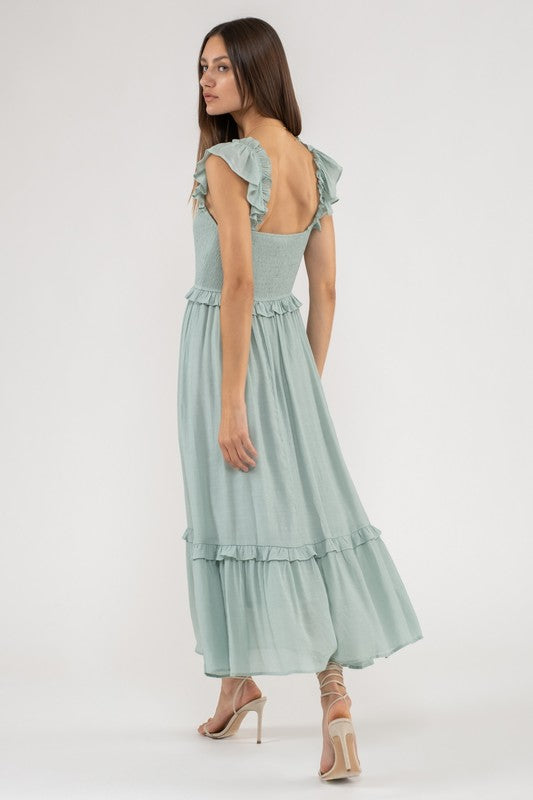 Mint Flutter Sleeve Smocked Midi Dress