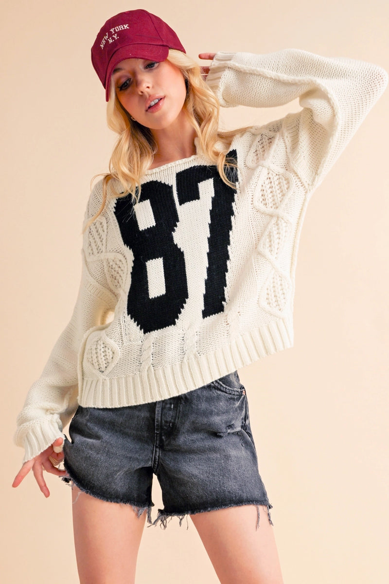 White 87 Cable Knit Sweater