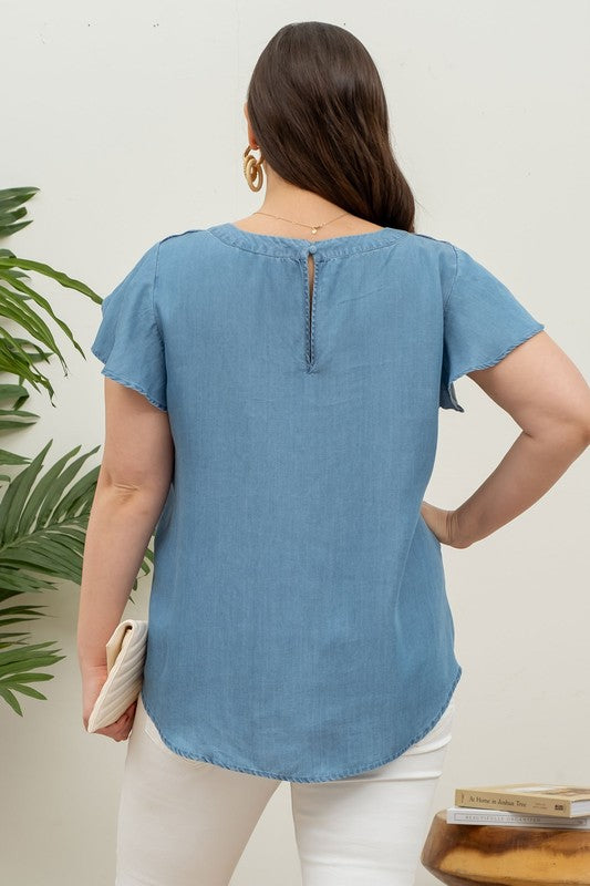Chambray Detailed Short Sleeve Top
