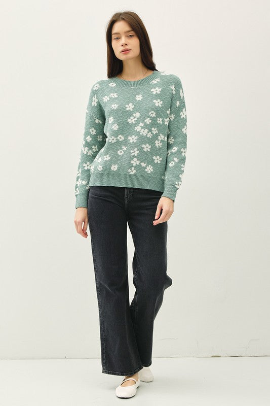 Sea Green Floral Pattern Sweater