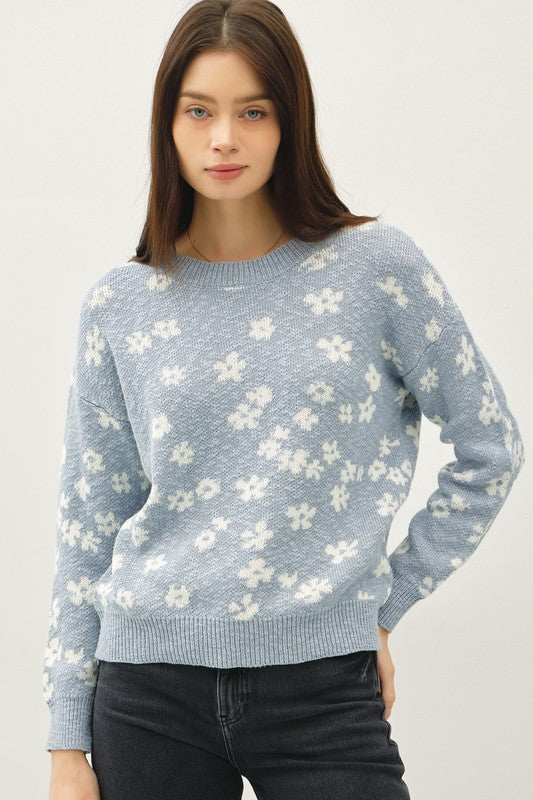 Slate Blue Floral Pattern Sweater