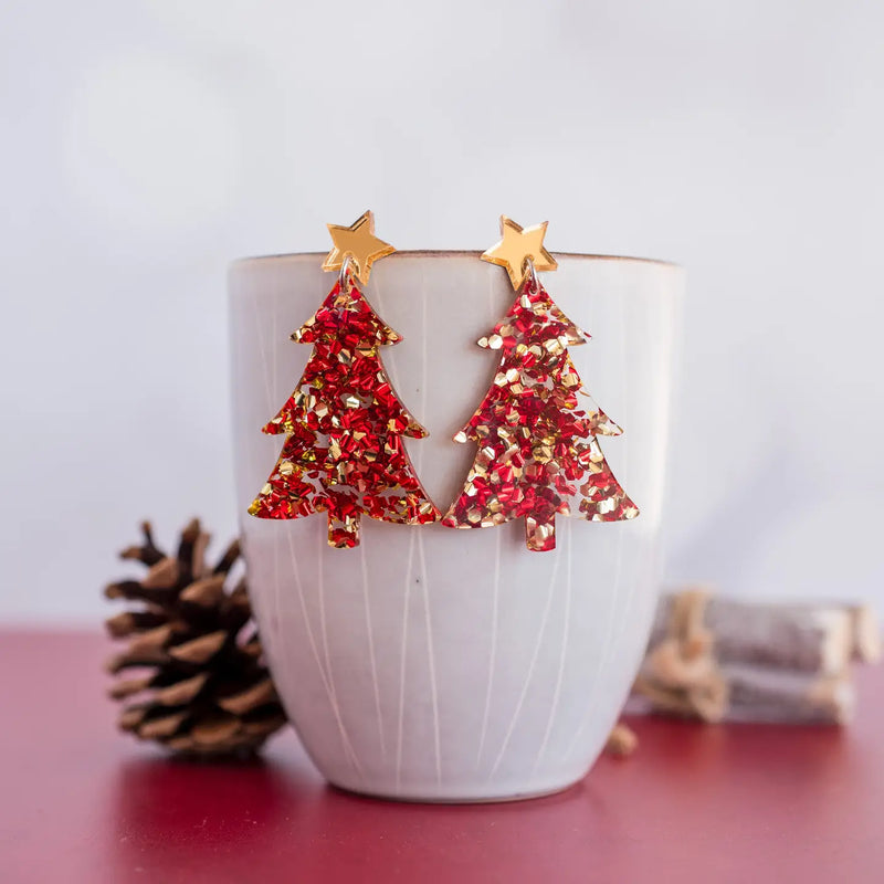 Red & Gold Christmas Tree Earrings