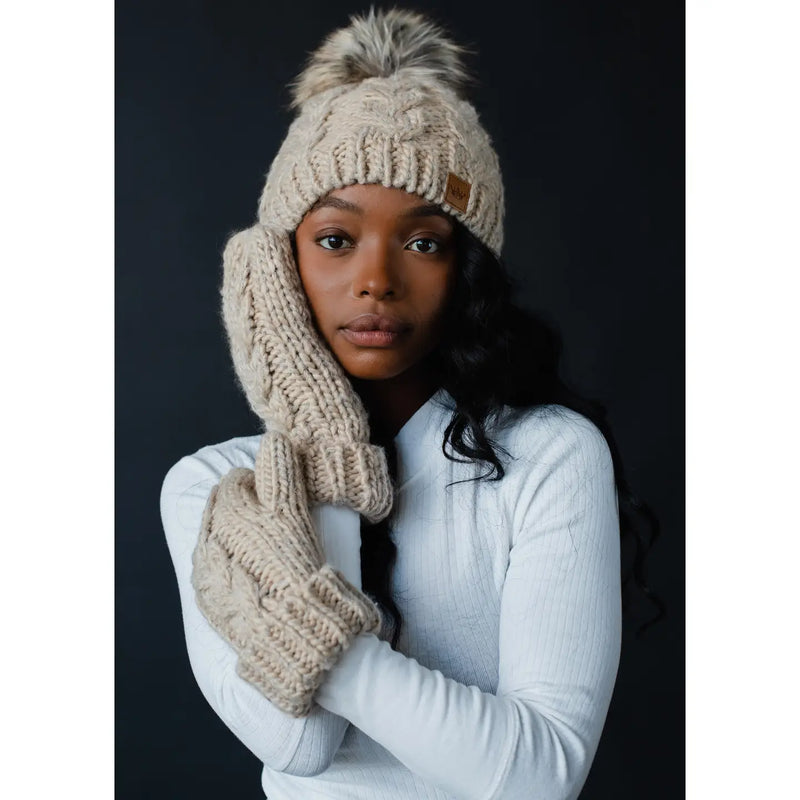 Taupe Cable Knit Pom Hat