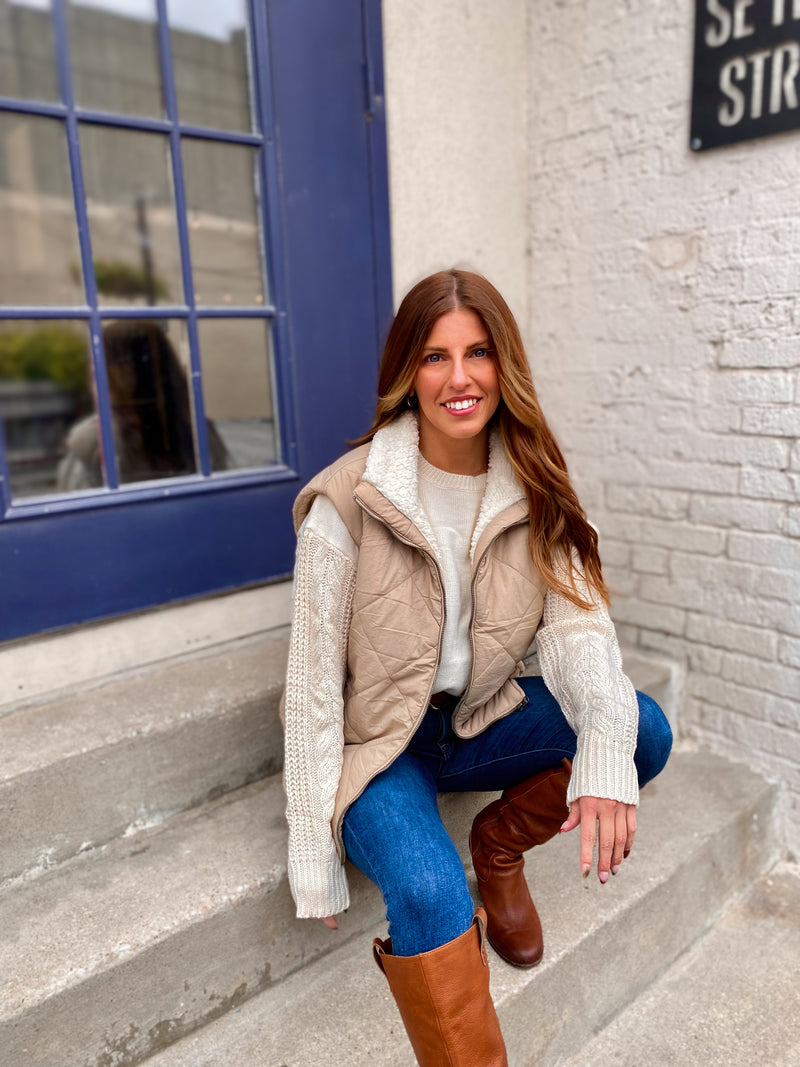 Khaki Quilted Fleece Lined Puffer Vest