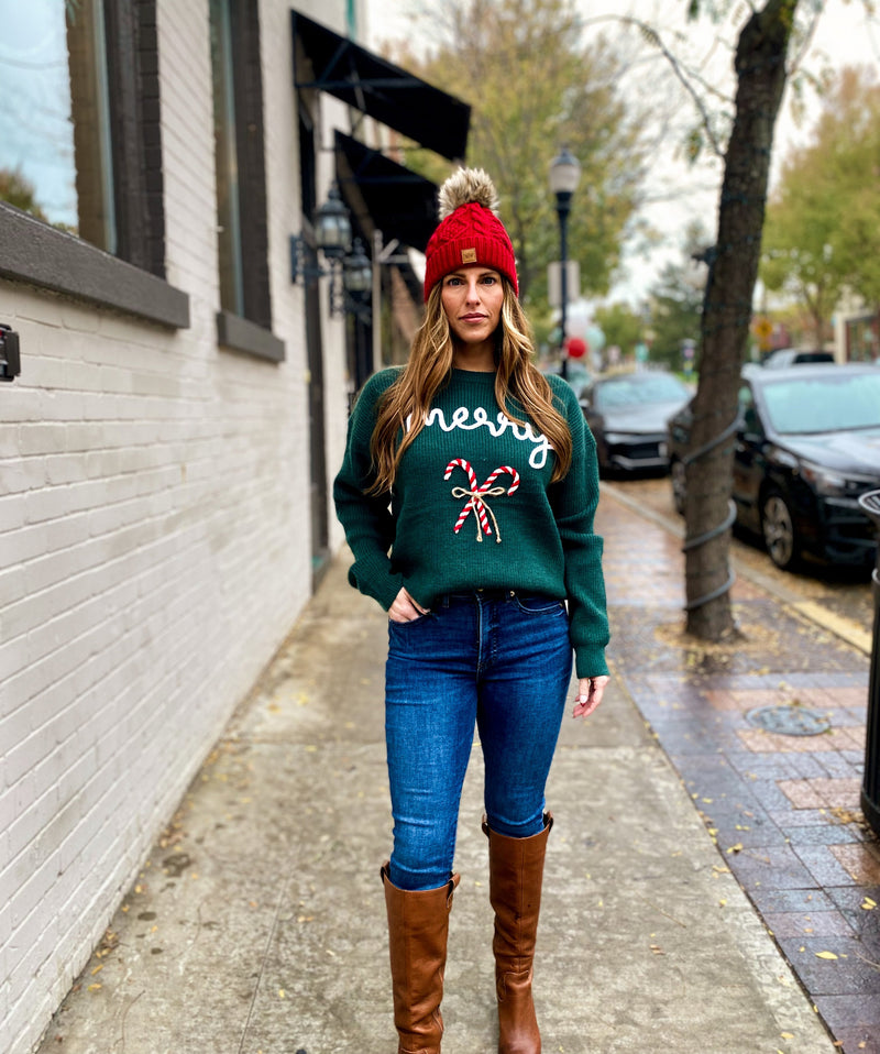 Merry Embroidered Hunter Green Sweater